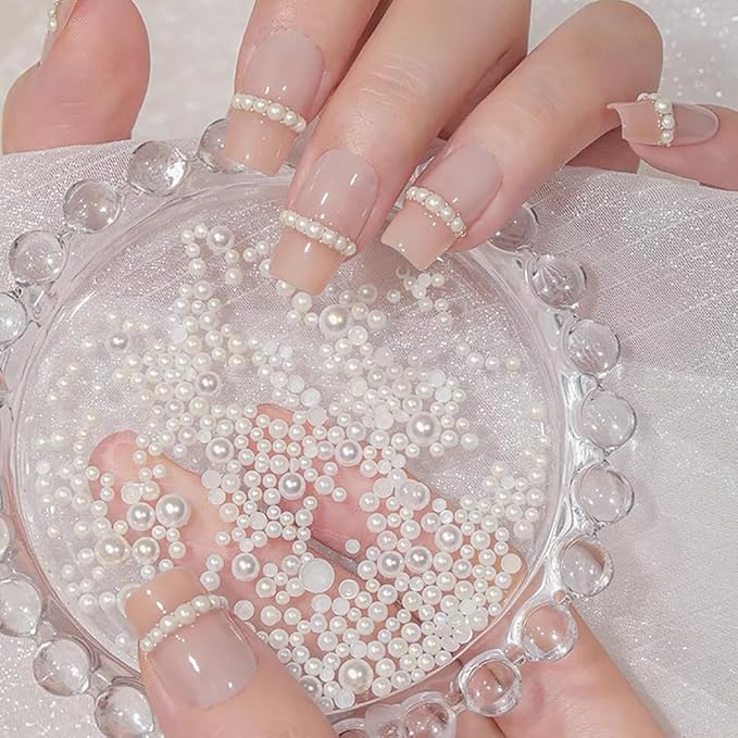 Flatback Pearls Nail Gems with Pickup Pencil and Tweezers, White & White AB Pearls Nail Charms Face gems, Half Round Pearls for Nail Art Face Makeup and Manicure Decor, Rhinestones for Nail