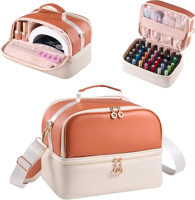 Nail Polish Organizer Holds 35 Bottles & Nail Lamp, Nail Organizers and Storage, Double Layer Nail Bag with Handle & Shoulder Strap for Travel, Nail Supplies Organizer for Manicure Kit (Brown+Beige)