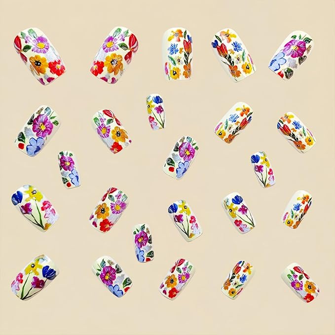 Medium Square Press on Nails Colorful Flower Fake Nails with Designs Spring Summer Acrylic Nails Art Kit Glue on Nails Reusable Artificial Nails Glossy Full Cover Stick on Nails for Women