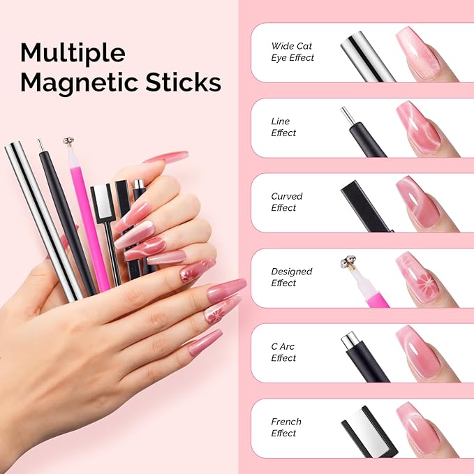 MelodySusie Nail Magnet Set, 21PCS Cat Eye Gel Nail Polish Magnets, Round Square Double Ended Magnet Stick, Cat Eye Magnet for Nails, Strong Magnetic Nail Polish Magnets Nail Design Tools