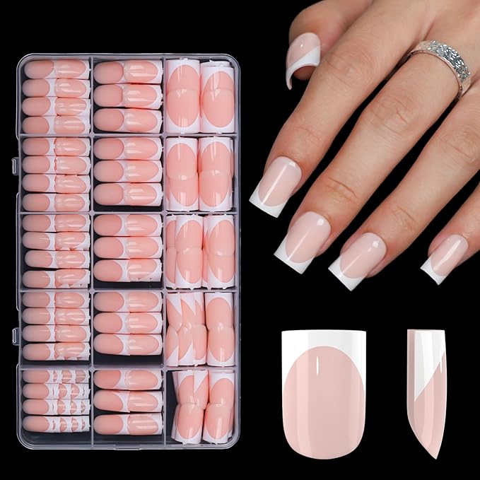 Anyos French Tip Press On Nails-300Pcs Sharp Square Gel Nail Tips,No File Need Tips Pre-Designed,Fake Nails for Nail Art DIY 15Sizes(Deep Nude)