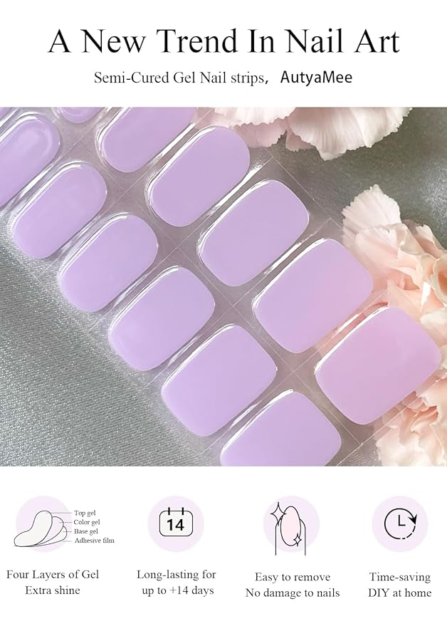 Semi Cured Gel Nail Strips (Light Lilac), Jelly Purple, 20 Pcs Gel Nail Wraps, Stickers, UV Light Required, Salon Quality, Long Lasting
