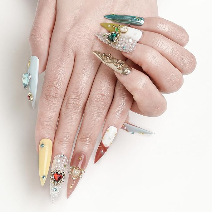 FORBELOVED NAILS,Shiny Colorful Gems,Heart Love,Flower Decorations,Luxury Handmade Press On Nails,Long Stiletto Glue On Nails,Pearls False Nails For Women And Girls,10Pcs/Set With Glue,(Yellow-S),FOB