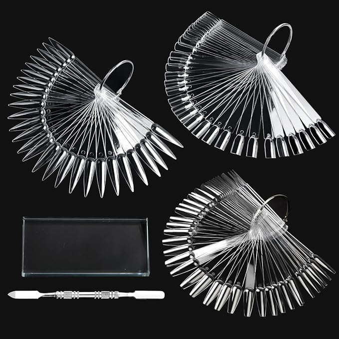 150pcs Nail Swatch Sticks with Ring, Clear Fan-shaped Nails Color Swatches with Palette Spatula Tool for Nail Polish Display Practice Nails Techs Must Haves Nail Supplies