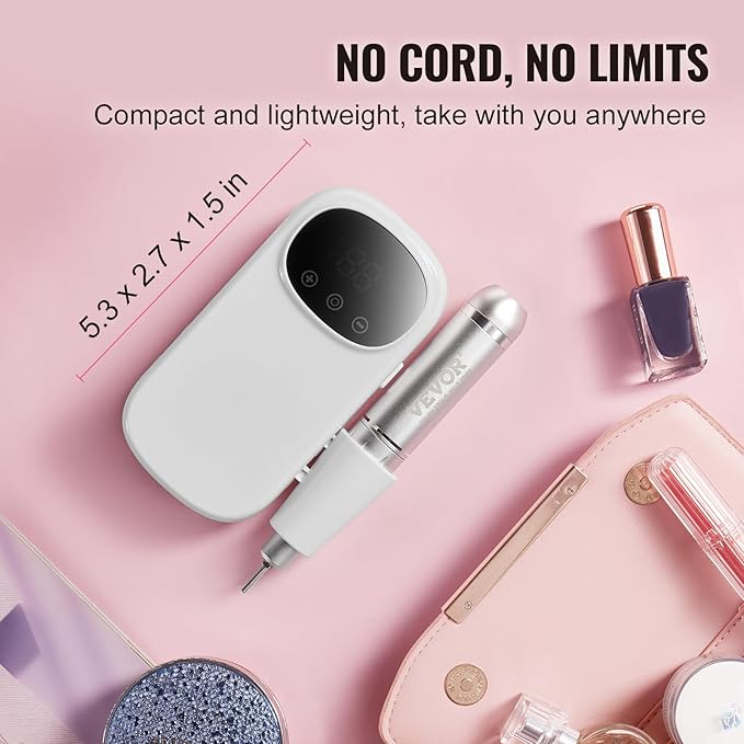 VEVOR Portable Electric Rechargeable Nail Drill, 35,000RPM Cordless Nail E File Machine, LCD-Display Acrylic Gel Grinder Tool for Manicure Pedicure Carve Polish with 6 Bits and 50PCS Sanding Bands