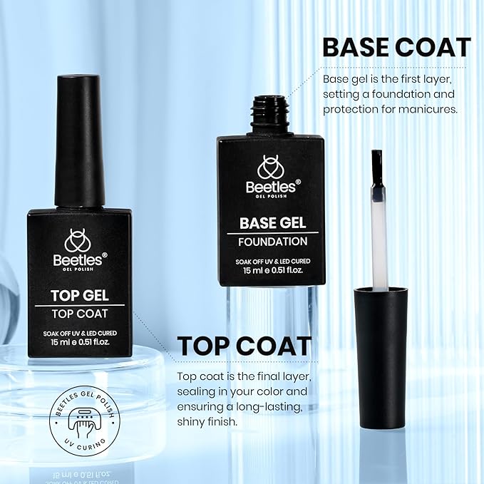 Beetles 4Pcs Top Coat and Base Coat Gel with Nail Dehydrator and Primer Set Acid-Free Hema-Free Nail Bond for Gel Polish Acrylic Nails, Long-Lasting for Professional Manicure Prep Kit
