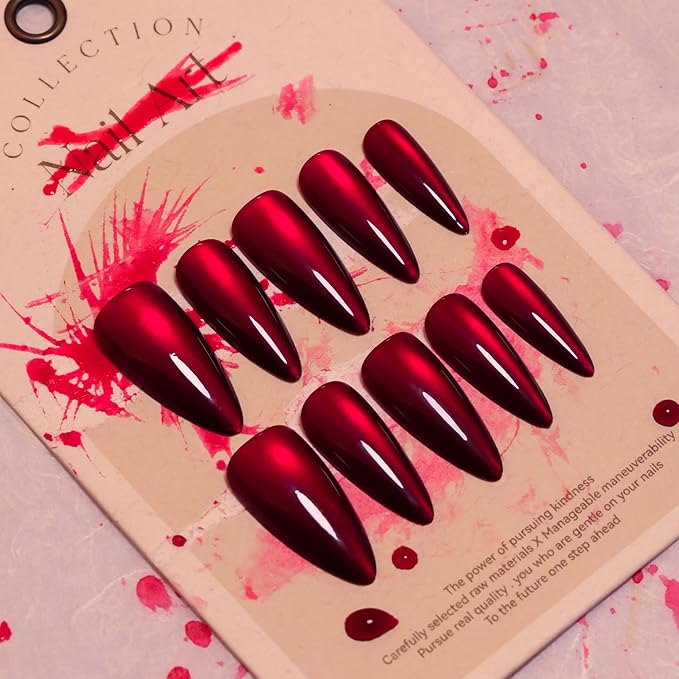 Halloween Red Cat Eye Press On Nails Medium Long Almond, Stiletto Acrylic Press On Nails, Ghost Claw Designer Reusable Fake Nails, Nail Hallows' Day, Glue On Nail Press Ons for Women