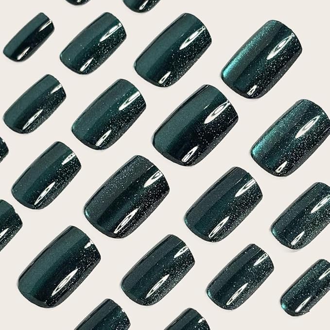 Dark Blue Press on Nails Short Square Fake Nails Cat Eye False Nails Press ons Glossy Gradient Shiny Glitter Glue on Artificial Nails for Women Manicure Decoration 24pcs