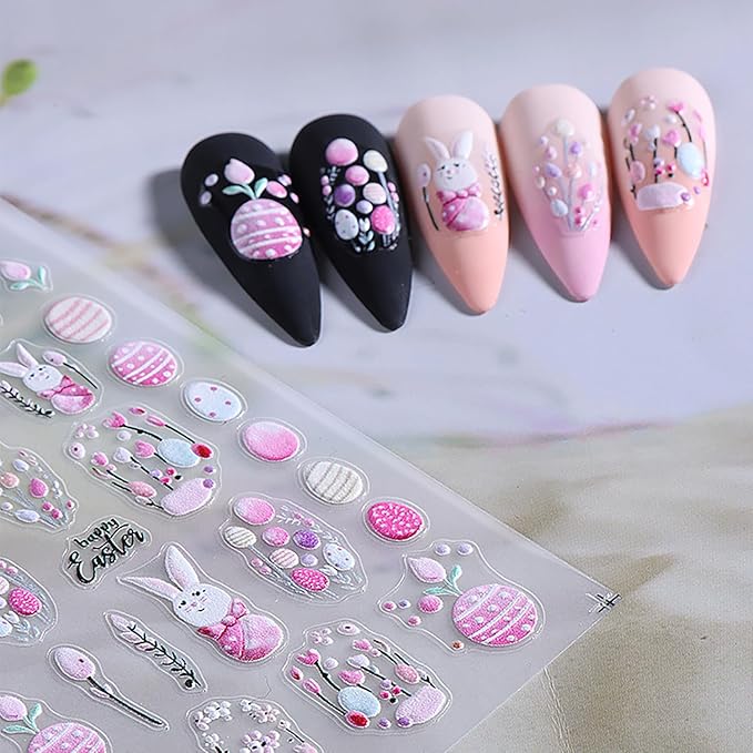 4 Sheets Easter Nail Stickers Cute Rabbit Nail Decals Spring Embossed Flower Nail Art Stickers Self-Adhesive Easter Egg Bunny Nail Design Decals for Women Holiday Nail Decorations Supplies