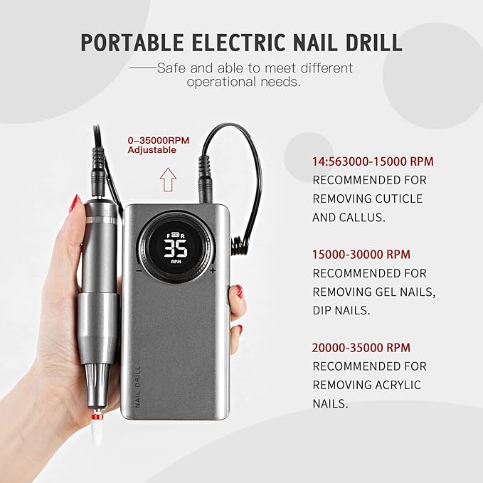 SAVILAND 35000RPM Electric Nail Drill Machine: Rechargeable Electric Nail File with 12 Nail Bits for Acrylic Nails Professional Nail Care Tools Manicure Pedicure Home Salon Use