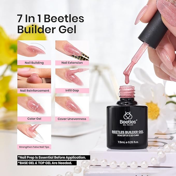 Beetles Builder Gel Set,6 Colors Glitter Shimmer 7 in 1 Nude Pink White Nail Thickening Strengthening Building Apex for Beginner DIY Salon at Home,Shimmer Builder Nail Gel,UV & LED Lamp Cured Needed