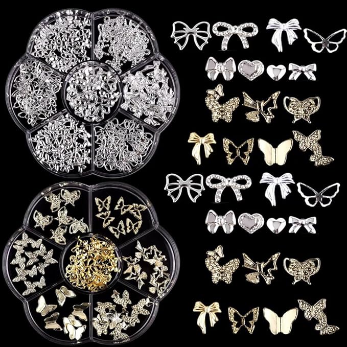 16 Grids Bow Nail Charms Gold Bow Manicure Kit 3D Metal Cute Bow Butterfly Nail Charms Alloy Bowknot Nail Art Gems Luxury Nail Art Decoration for Women Girls
