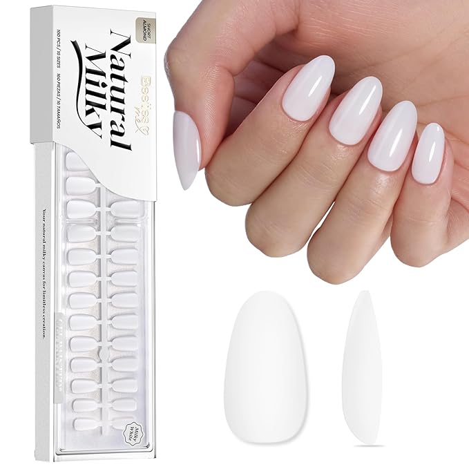 Beetles Natural Milky White Nail Tips | 160PCS, 16 Sizes Short Oval Nail Tips | Pre-Colored Full Cover Soft Nail Gel Fake Nails | Salon-Gel Look for DIY Manicure