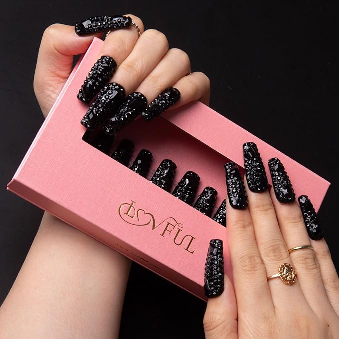 LOVFUL Press on Nails Classic Black Rhinestone | Handmade with Full Covered Crystals | Reusable Full Cover Nails | Coffin Classic Regular 1.3 in | H146-M