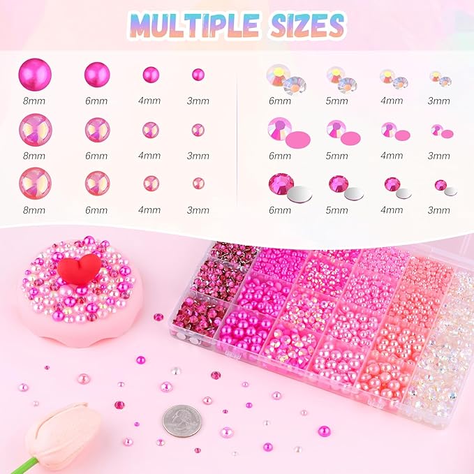 14000Pcs Flatback Pearls and Rhinestones for Crafting, Hot Pink Light Pink Mixed Size 3-8mm Resin Rhinestones and Half Pearls for Bedazzling, Nail Art with Tweezers and Pickup Pencil