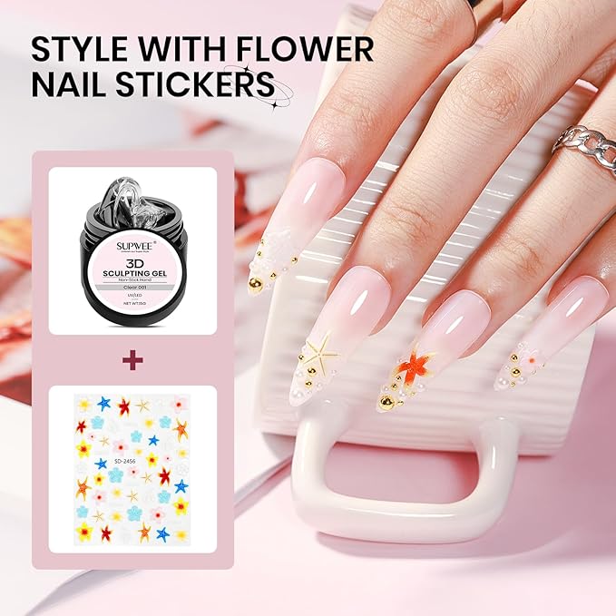 3D Nail Sculpting Gel, Clear Molding Gel for Nail Art Non-Sticky for Extension Carving with Nail Stickers & Silicone Pen Suitable for DIY Manicure Home
