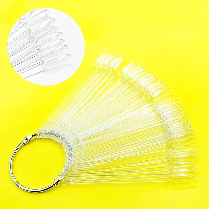 100 Pcs Clear Nail Swatch Sticks with Ring, COCOJAM Fan Shaped Nail Color Swatches Sticks, False Fake Nail Polish Sample Transparent Nail Polish Display Tips for Nail Art