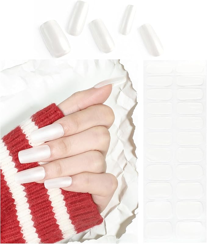 Semi Cured Gel Nail Strips Glazed Donut Milky Gel Nail Stickers with UV/LED Required Long Lasting Gel Nail Stickers Includes 22 Strips 2 Prep Pads, Nail File & Wooden Stick