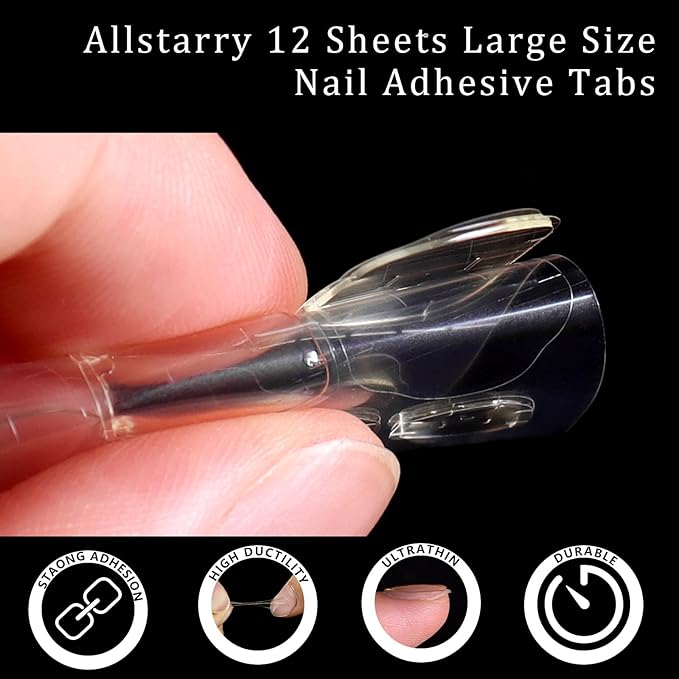Allstarry 360pcs (12 Sheets) Nail Adhesive Tabs Waterproof Breathable Glue Tabs 15 Sizes Double-Sided Fake Nail Jelly Sticker Super Sticky Nail Glue Stickers Transparent Flexible for Manicure