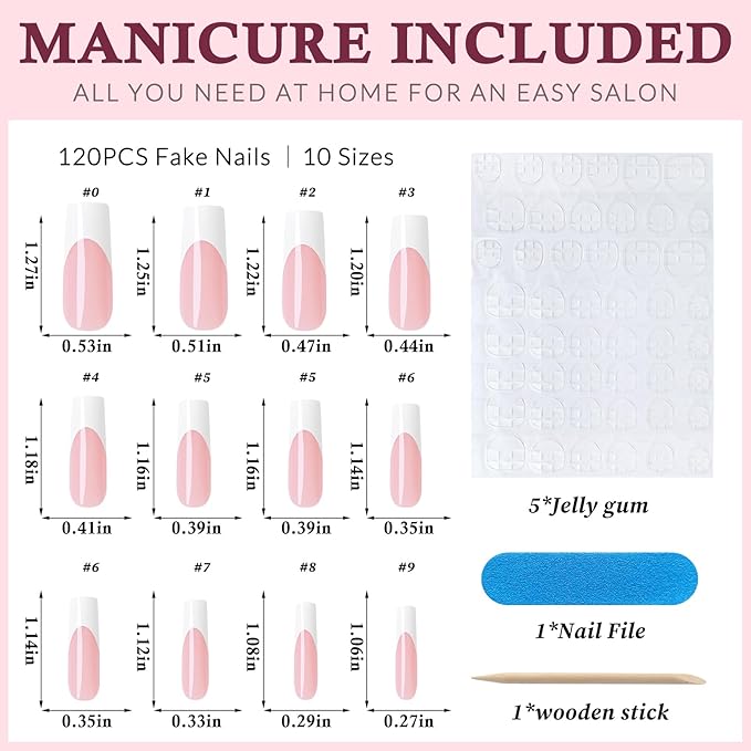 120PC White French Tip Press on Nails Long Fake Nails Press ons with 5*Adhesive Tabs, Pink Square Acrylic Nail Press on Nail French Tip Nails False Artificial Fingernails Stick on Nails-B