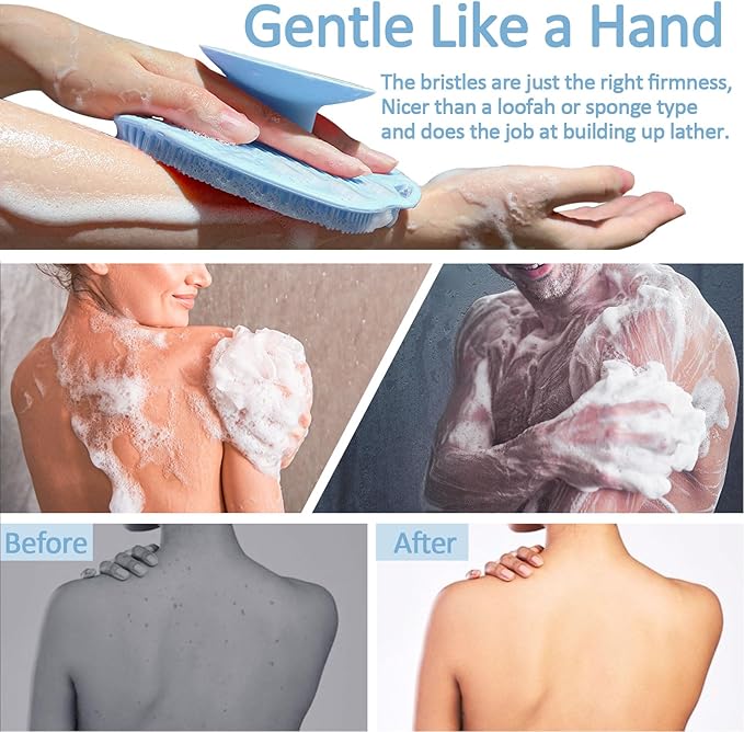 Soft Silicone Body Scrubber Gentle Like a Hand Exfoliating Your Skin and Build Up Lather Easily, Back Large Suction Cup Easy to Store, Long-Lasting & Deep Clean (Blue)
