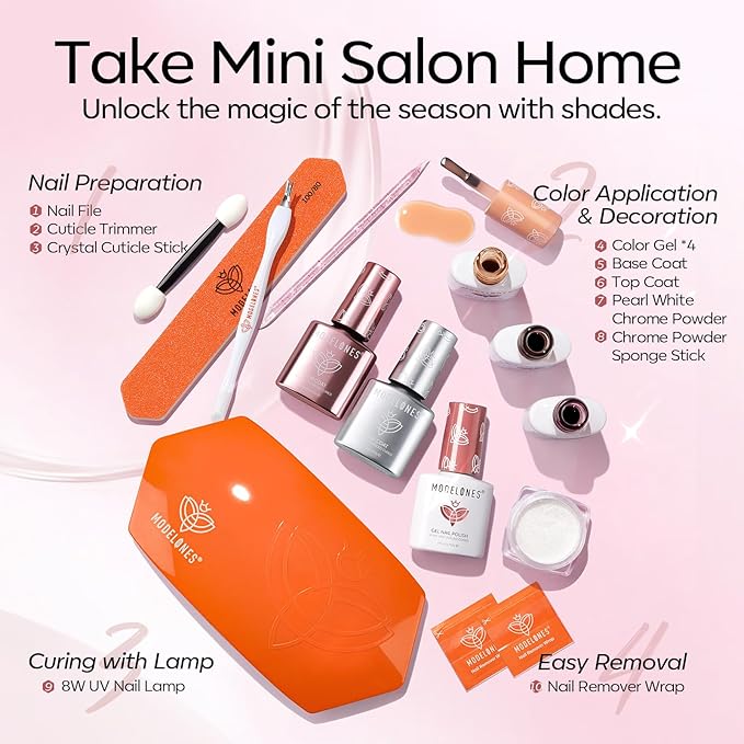 Modelones Jelly Gel Nail Polish Kit with UV Light, Christmas Sheer Pink Nude Red Brown Jelly Gel Polish with Base Top Coat Pearl Chrome Powder 4 Transparent Colors Mini Salon Nail Art Gift