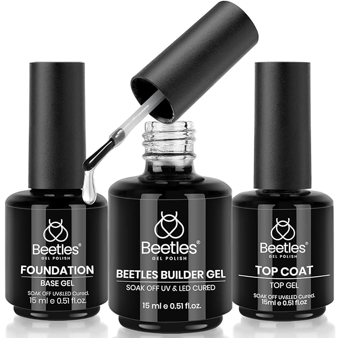 Beetles 3Pcs 15ml Builder Nail Gel with No Wipe Top Coat Gel Nail Polish and Base Coat Set for Nails Shine Finish and Long Lasting Nail Protection UV/LED Lamp Needed Gift for Women