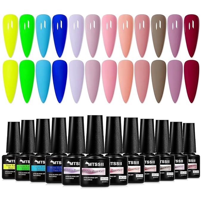 MTSSII Rubber Base Gel Set, Soak Off U V LED Hema Free Clear Sheer Nude Pink Neutral Gel Nail Polish Blue Green Strengthen/Apex Building/Enhance/Reinforced Builder Gel 12 PCS