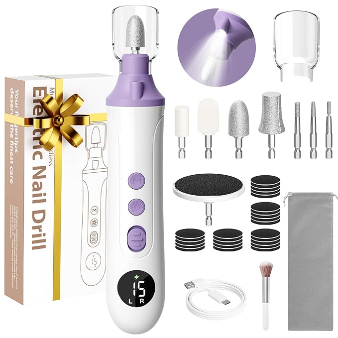 Professional Manicure Pedicure Kit, Cordless Electric Nail File with LCD & Lamp, Rechargeable Toenail Grinder for Thick Toenails, Portable Nail Dremel Tools for Women & Men Baby Pets