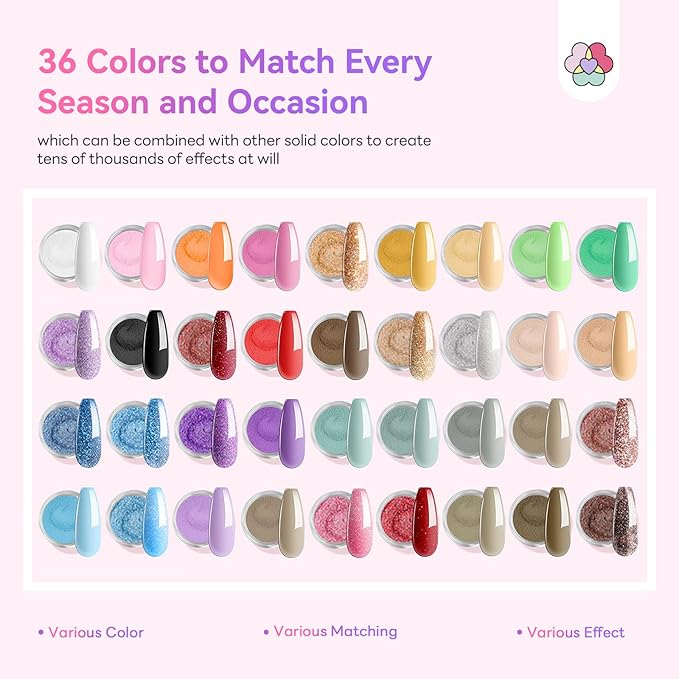 SAVILAND Color Artistry Acrylic Powder Set 36 Colors: Creative Palette Keratin Acrylic Nail Powder Pink Nude Yellow White Nail Powders Kit For Extension Carving DIY Manicure 10g
