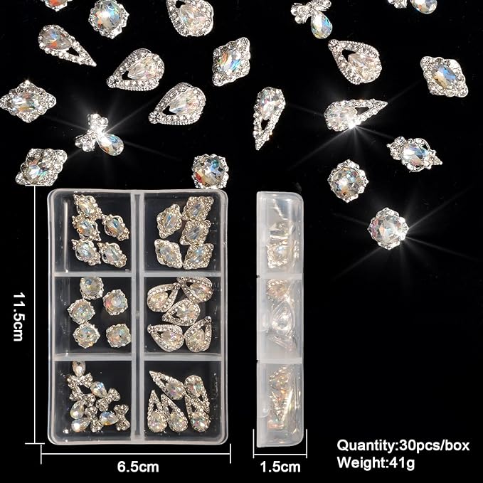30Pcs Nail Crystal AB Rhinestones 3D Nail Charms Rhinestones Glass Metal Gems Jewels Nail Diamonds Nail Charms for Girl Women DIY Nail Art Craft Decoration
