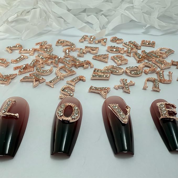 52 Pcs 3D Rose Gold Nail Charms Letters Initial Charms for Nails Nail Letter Charms Alphabet Rhinestone Letter Nail Charms for Nail Art Design Decoration DIY Craft