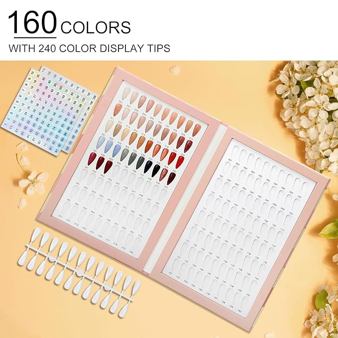 160 Nail Color Book,with 240 Flase Tips & 1-200 Number Sticker Labels,Professional Nail Color Swatches Book for Polish UV Gel(Pink)