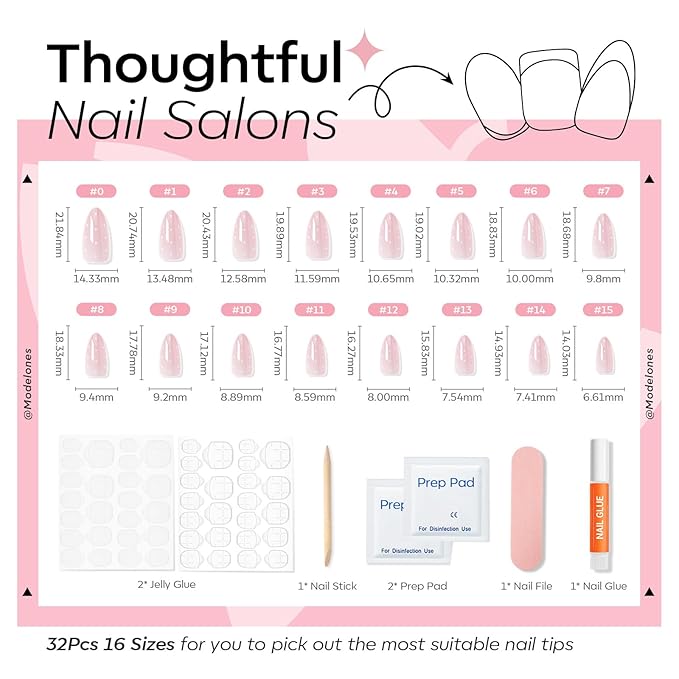 Modelones Pink Press on Nails Almond, Polka Dot Short Fake Nails, Reusable Nail Kit with Nail Glue Adhesive Tabs Mini Nail File, Nails Press Ons 32Pcs 16size, Women Girl Gift ﻿