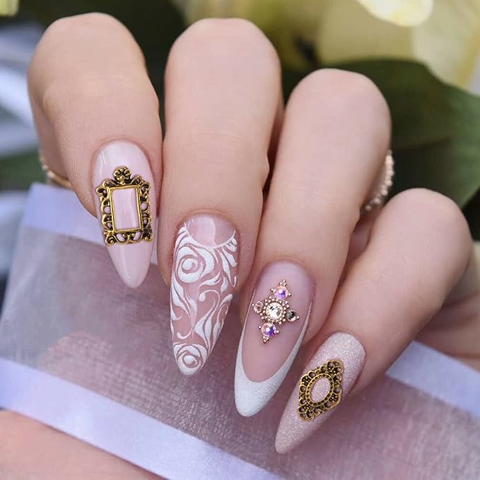 CHANZET 3D Metal Nail Charms 80pcs, Frame Gothic Nail Art Charms, Retro Gold Silver Nail Jewels Art Decoration for Women Girls Acrylic Nail DIY Craft Design Manicure Accessories