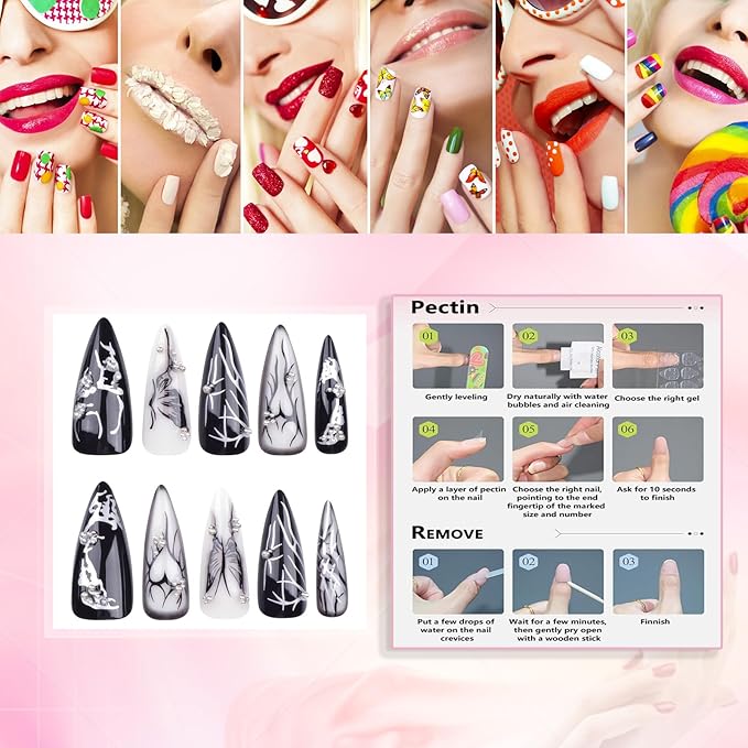 xl Black Press on Nails Long Almond Nails Press Ons Butterfly&Love Design False Nails Full Cover Arificial Glossy Fake Nails Gift for Womens 24pcs