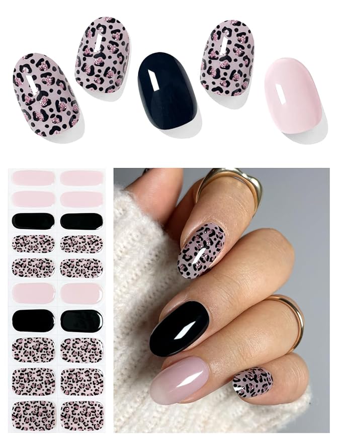 Semi Cured Gel Nail Strips (Pink Leopard), Purple, 20 Pcs Gel Nail Wraps, Stickers, Salon Quality, Long Lasting, Works with Any UV Lamps