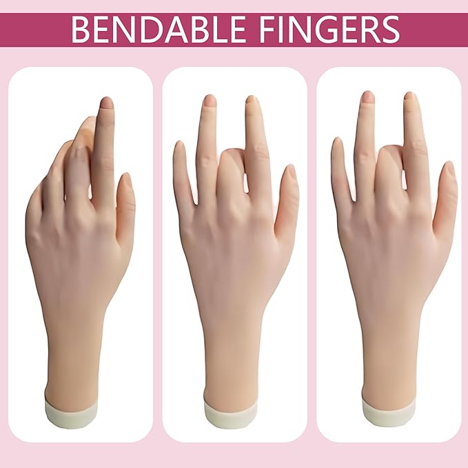 Nail Practice Hand, Practice Hand for Acrylic Nails - Flexible Right Hand Kit | 140 Tips, Glue, 6 Brushes, Clamp Stand | Manicure Training Tools for Beginners & Pros
