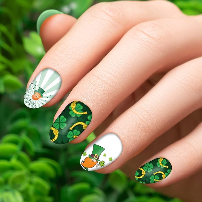 TailaiMei 12 Sheets St. Patrick’s Day Nail Wraps, Luck of The Irish Adhesive Nail Art Stickers Full Wraps Strips with 2 Pcs Nail Files for DIY Shamrock Nail Decals