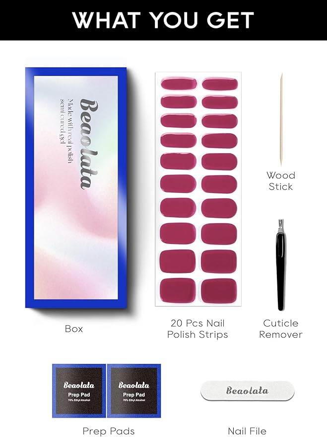 Semi Cured Gel Nail Strips - UV Light Gel Nail Stickers - 20 Long Lasting Salon Quality Wraps (Prismatic Cherry Red)