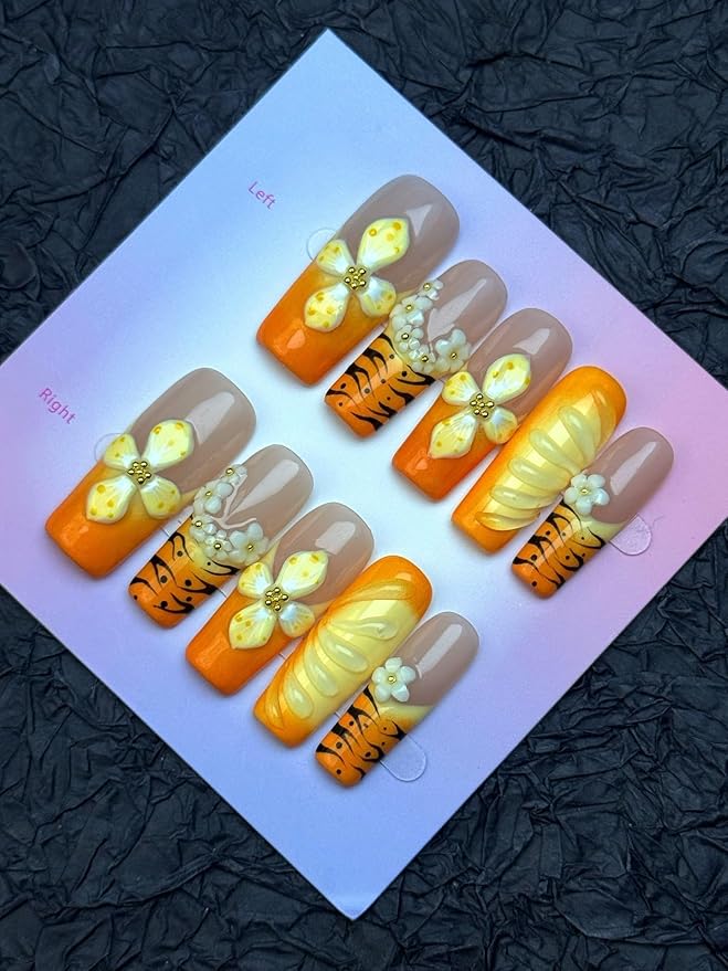 100% 5D Handmade Press on Nails Ombre Yellow Long Square Nails Press ons Leopard Orange French Tips False Nails Embossed Flower Waterdrop Press on Nails for Women Girls Daily Wear DIY Manicure Size M