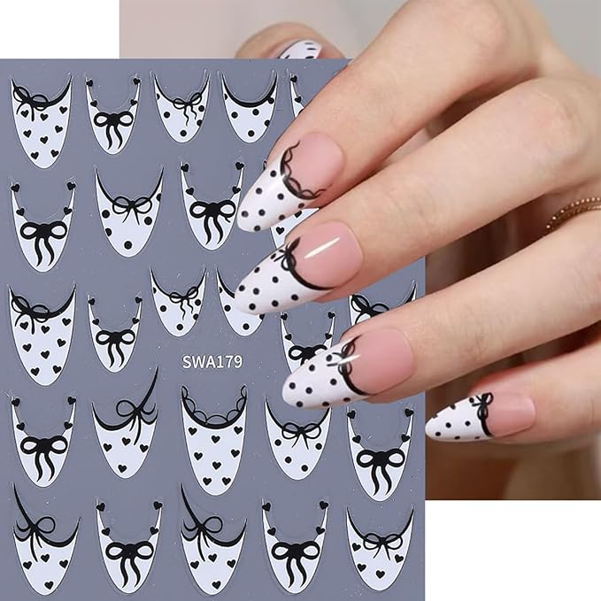 6Sheets French Tip Nail Art Stickers 3D Self Adhesive Valentines Nail Decals French Bow Nail Stickers Star Flower Bow Nail Design Heart Nail Supplies Decorations for Women Valentines Manicure