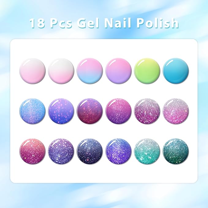 MEET ACROSS 18Pcs Color Changing Gel Nail Polish Set Pink Purple Blue Green Temperature Change Gel Polish Soak Off UV/LED Glitter Mood Temperature Color Change Gel Manicure Kit