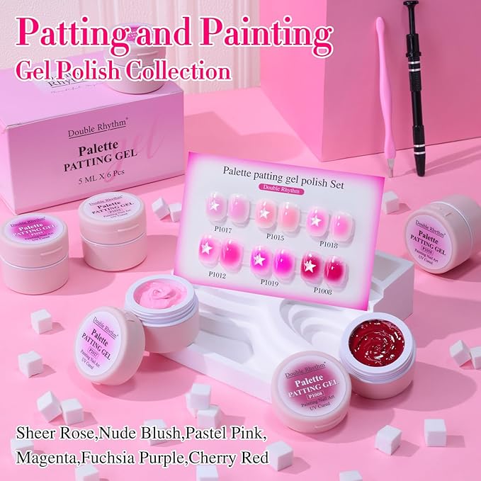 Double Rhythm Painting Gel Polish Set for Nail Art Palette Patting Gel Polish 6 Colors with 100 Pcs Sponges and Grabbing Pen (Pink Rose Purple-T6-67)
