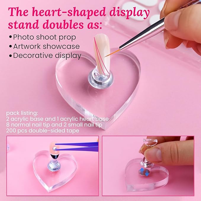 Nail Stand for Press On Art Display Practice 2 Set, 1 Heart Shaped Acrylic Magnetic Nail Stand, Fake Nail Holder with 200 Pieces Double-sided Tape, For Home DIY Salon Supplies (Walnut, Medium)