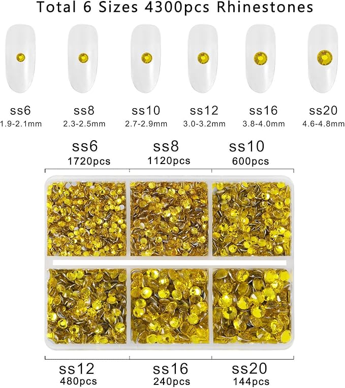 Beadsland 4300pcs Flatback Yellow Nail Gems Round Crystal Rhinestones for Crafts, Mixed 6 Sizes with Picking Tweezers and Wax Pencil Kit, SS6-SS20, Citrine/Lemon Yellow
