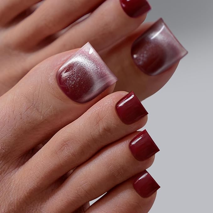 BTArtbox Press On Toenails - Sharp Square Opaque Red Toe Nail Press Ons with Glue for Women, Glitter Fake Toe Nail Tips in 15 Sizes - 30 Toenails Kit, Crimson Chaos