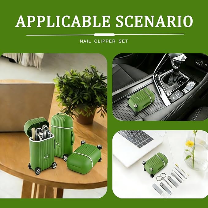 Manicure Set 8 in 1 Stainless Steel, Nail Clippers Scissors Pedicure Tools Kit - Portable Travel Grooming Kit for Men and Women with Mini travel box packaging, Rollable Wheels (GREEN)