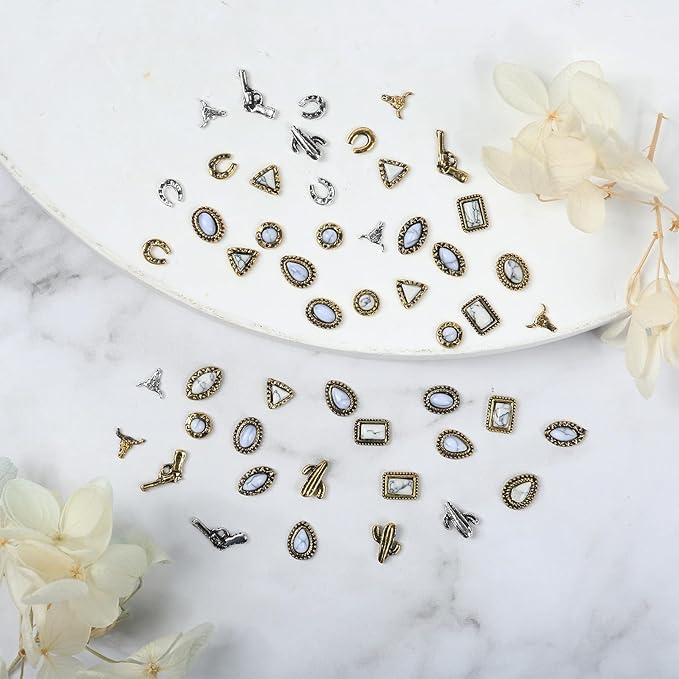 50 PCS Turquoise Nail Charms White - Western Nail Charms 3D Vintage Turquoise White Pink Marble Gems Accessories, Retro Cowboy Gemstones for Women DIY Decorations
