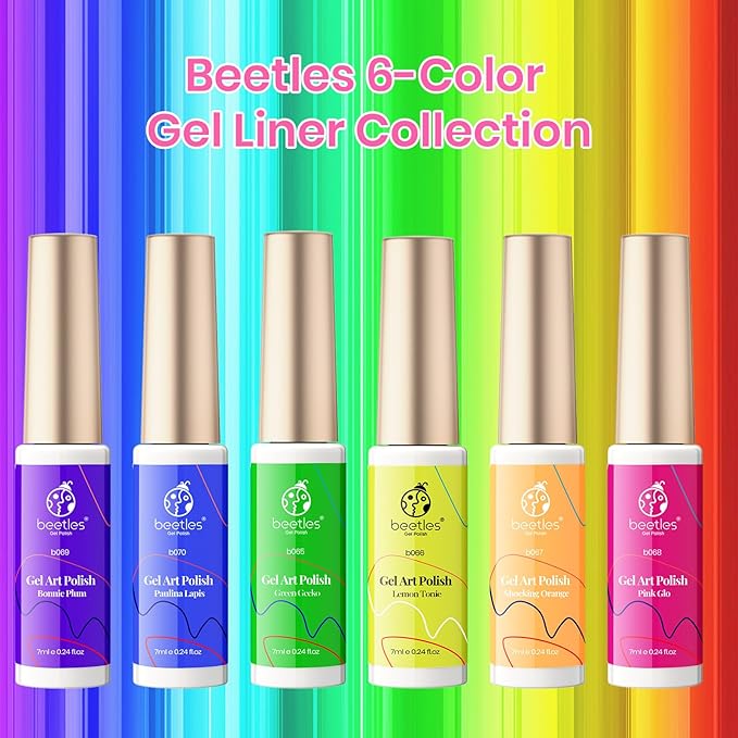 Beetles Summer Gel Liner Nail Polish Set - 6 Neon Gel Nail Polish Colors Hot Pink Orange Blue Yellow Paint for Nails Built Thin Brush in Bottle Soak off Uv LED Lamp Nails Art